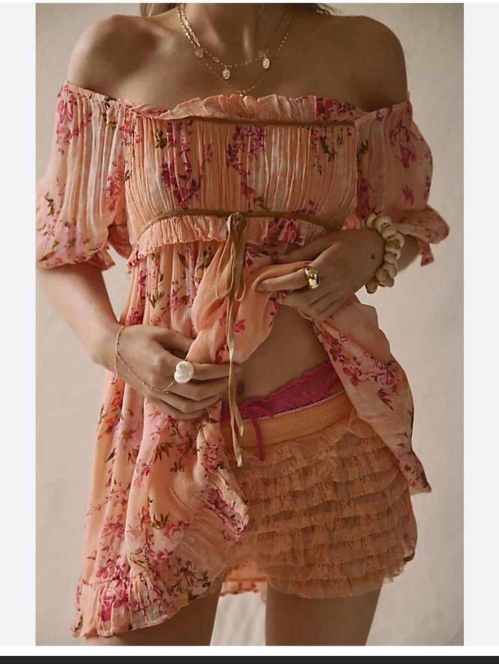 Free People Peach Floral Ruffled Babydoll Dress - Picture 2 of 7